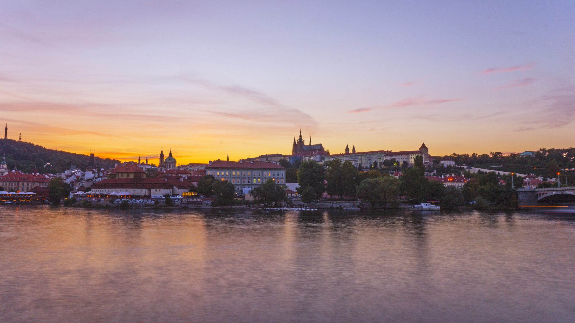 Prague Castle above the Vltava River at golden hour