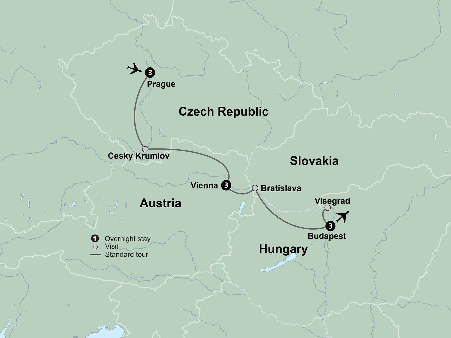 Route map from Prague through Český Krumlov, Vienna, Bratislava and Budapest to Visegrád, across the Czech Republic, Austria, Slovakia and Hungary, with three nights each in Prague, Vienna and Budapest.